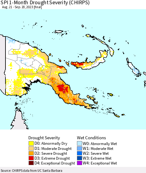 Papua New Guinea SPI 1-Month Drought Severity (CHIRPS) Thematic Map For 8/21/2023 - 9/20/2023