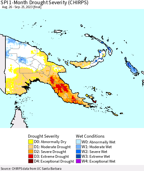 Papua New Guinea SPI 1-Month Drought Severity (CHIRPS) Thematic Map For 8/26/2023 - 9/25/2023