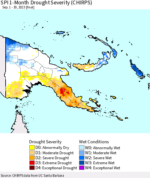 Papua New Guinea SPI 1-Month Drought Severity (CHIRPS) Thematic Map For 9/1/2023 - 9/30/2023