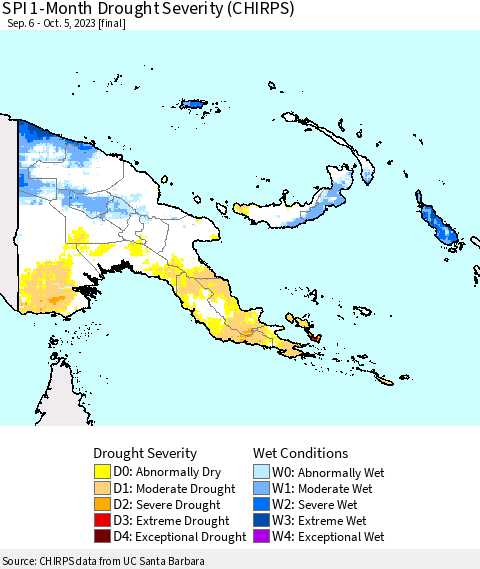 Papua New Guinea SPI 1-Month Drought Severity (CHIRPS) Thematic Map For 9/6/2023 - 10/5/2023