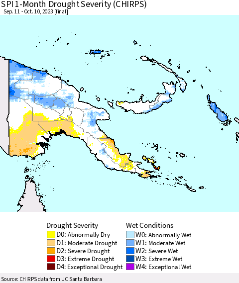 Papua New Guinea SPI 1-Month Drought Severity (CHIRPS) Thematic Map For 9/11/2023 - 10/10/2023