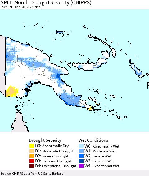 Papua New Guinea SPI 1-Month Drought Severity (CHIRPS) Thematic Map For 9/21/2023 - 10/20/2023