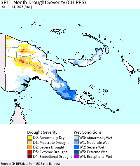 Papua New Guinea SPI 1-Month Drought Severity (CHIRPS) Thematic Map For 10/1/2023 - 10/31/2023