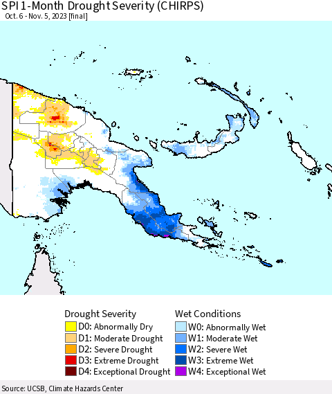 Papua New Guinea SPI 1-Month Drought Severity (CHIRPS) Thematic Map For 10/6/2023 - 11/5/2023