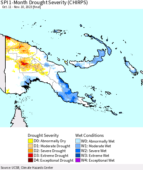 Papua New Guinea SPI 1-Month Drought Severity (CHIRPS) Thematic Map For 10/11/2023 - 11/10/2023