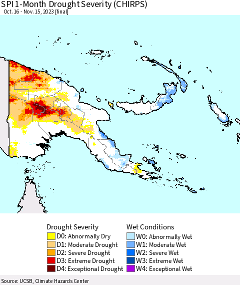 Papua New Guinea SPI 1-Month Drought Severity (CHIRPS) Thematic Map For 10/16/2023 - 11/15/2023