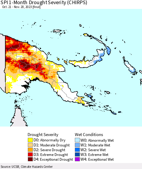 Papua New Guinea SPI 1-Month Drought Severity (CHIRPS) Thematic Map For 10/21/2023 - 11/20/2023