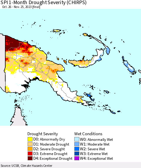 Papua New Guinea SPI 1-Month Drought Severity (CHIRPS) Thematic Map For 10/26/2023 - 11/25/2023