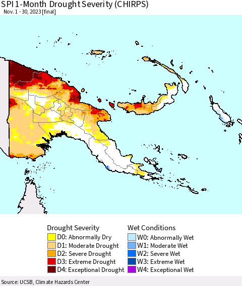 Papua New Guinea SPI 1-Month Drought Severity (CHIRPS) Thematic Map For 11/1/2023 - 11/30/2023