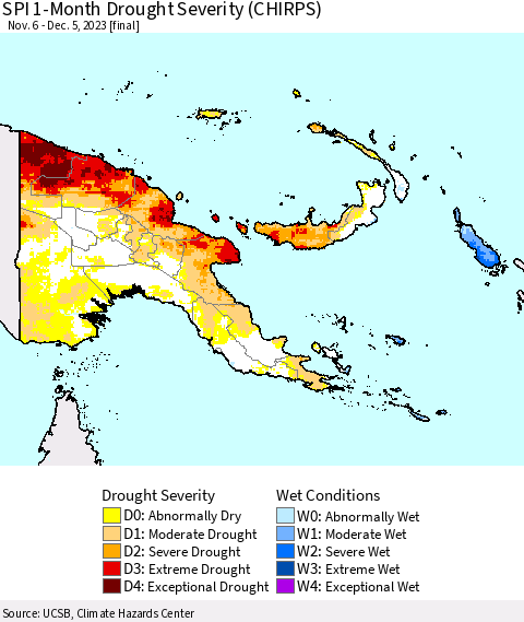 Papua New Guinea SPI 1-Month Drought Severity (CHIRPS) Thematic Map For 11/6/2023 - 12/5/2023