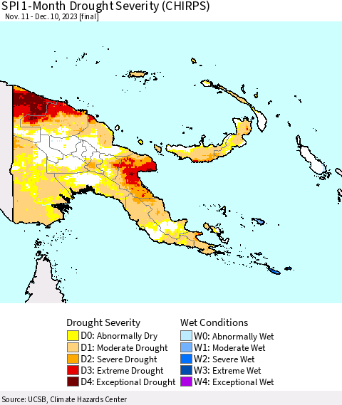 Papua New Guinea SPI 1-Month Drought Severity (CHIRPS) Thematic Map For 11/11/2023 - 12/10/2023