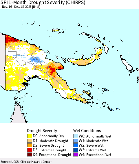 Papua New Guinea SPI 1-Month Drought Severity (CHIRPS) Thematic Map For 11/16/2023 - 12/15/2023