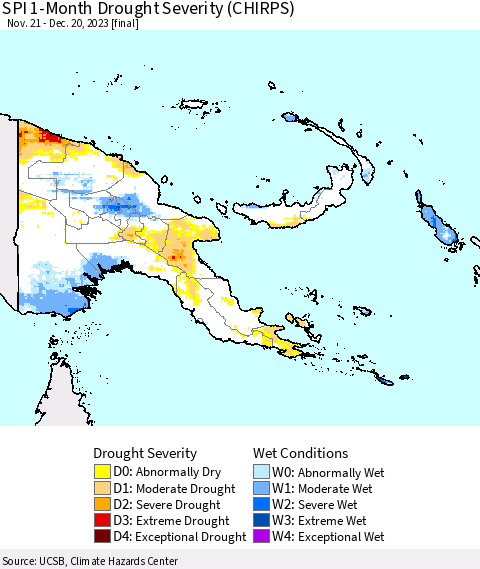 Papua New Guinea SPI 1-Month Drought Severity (CHIRPS) Thematic Map For 11/21/2023 - 12/20/2023