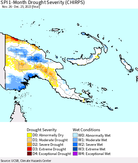 Papua New Guinea SPI 1-Month Drought Severity (CHIRPS) Thematic Map For 11/26/2023 - 12/25/2023