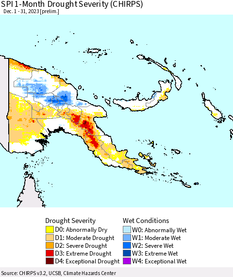 Papua New Guinea SPI 1-Month Drought Severity (CHIRPS) Thematic Map For 12/1/2023 - 12/31/2023
