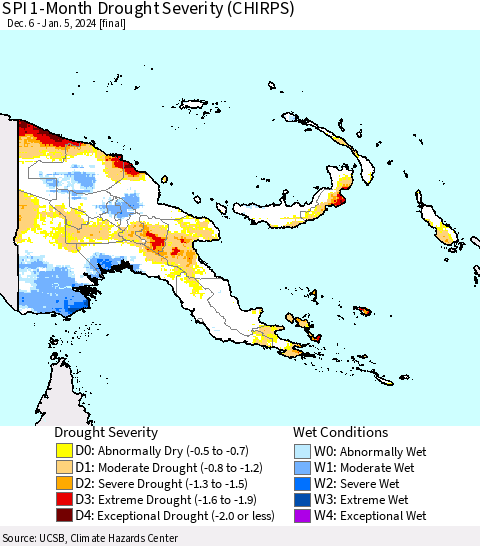 Papua New Guinea SPI 1-Month Drought Severity (CHIRPS) Thematic Map For 12/6/2023 - 1/5/2024