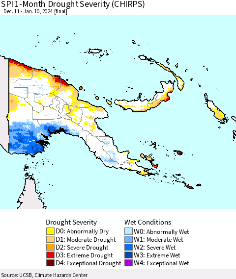 Papua New Guinea SPI 1-Month Drought Severity (CHIRPS) Thematic Map For 12/11/2023 - 1/10/2024