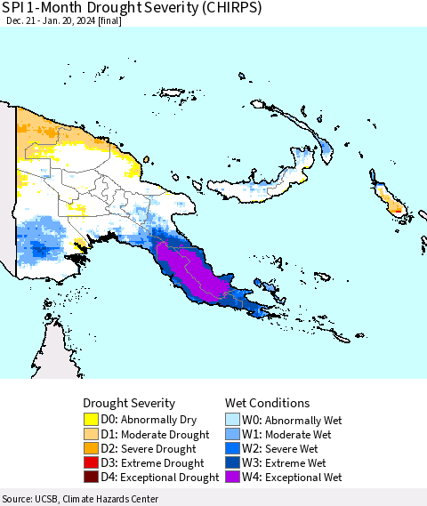 Papua New Guinea SPI 1-Month Drought Severity (CHIRPS) Thematic Map For 12/21/2023 - 1/20/2024
