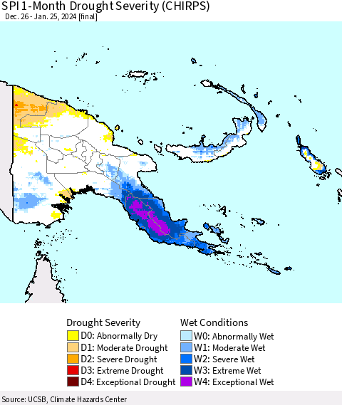 Papua New Guinea SPI 1-Month Drought Severity (CHIRPS) Thematic Map For 12/26/2023 - 1/25/2024