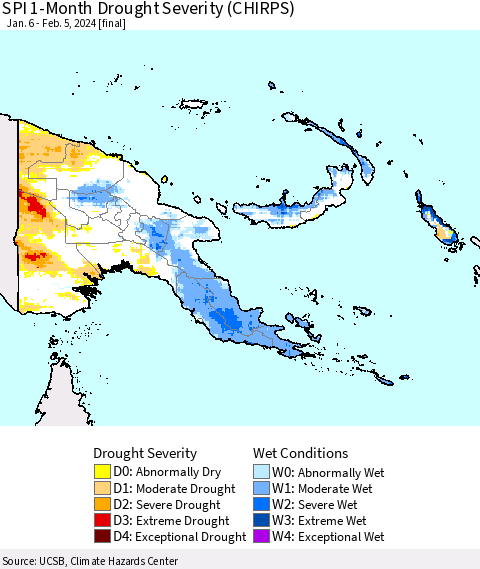 Papua New Guinea SPI 1-Month Drought Severity (CHIRPS) Thematic Map For 1/6/2024 - 2/5/2024