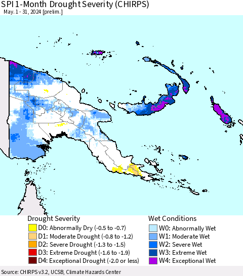 Papua New Guinea SPI 1-Month Drought Severity (CHIRPS) Thematic Map For 5/1/2024 - 5/31/2024