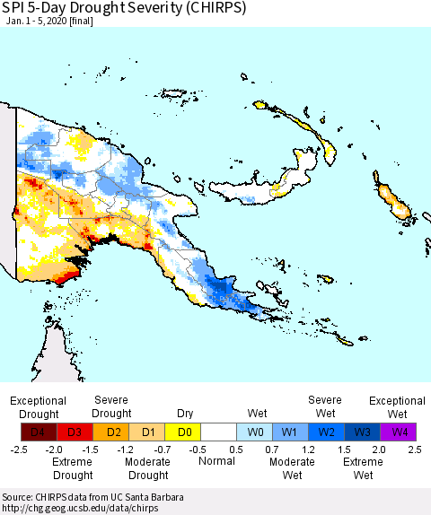 Papua New Guinea SPI 5-Day Drought Severity (CHIRPS) Thematic Map For 1/1/2020 - 1/5/2020