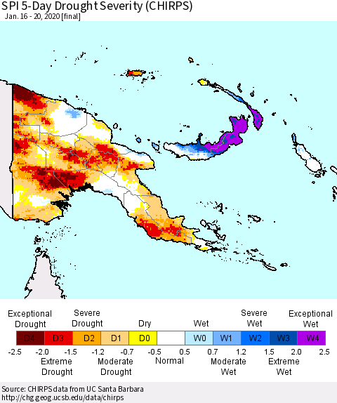 Papua New Guinea SPI 5-Day Drought Severity (CHIRPS) Thematic Map For 1/16/2020 - 1/20/2020