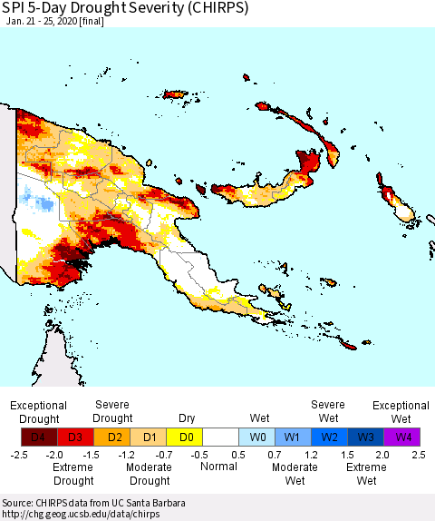 Papua New Guinea SPI 5-Day Drought Severity (CHIRPS) Thematic Map For 1/21/2020 - 1/25/2020
