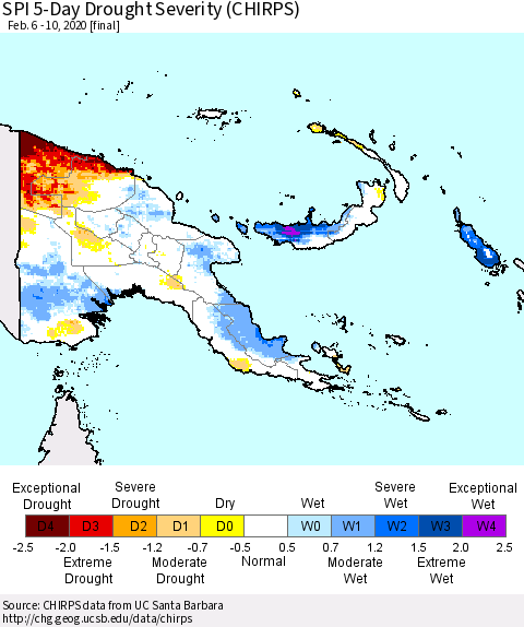 Papua New Guinea SPI 5-Day Drought Severity (CHIRPS) Thematic Map For 2/6/2020 - 2/10/2020