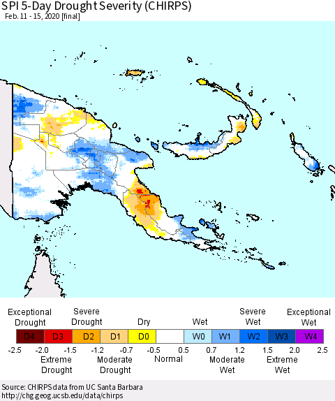 Papua New Guinea SPI 5-Day Drought Severity (CHIRPS) Thematic Map For 2/11/2020 - 2/15/2020