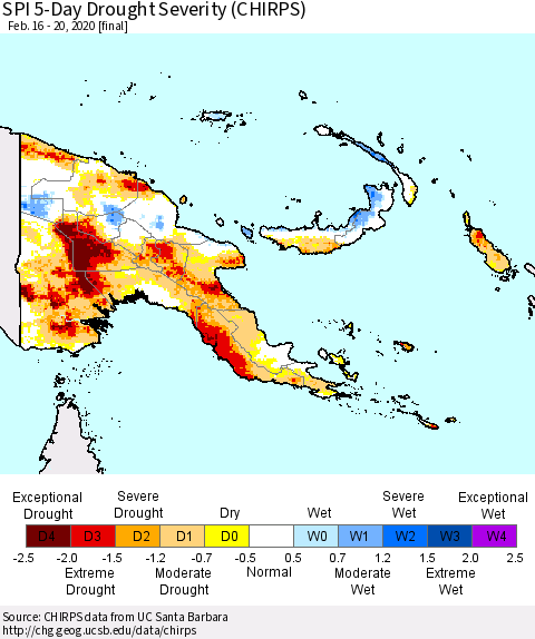 Papua New Guinea SPI 5-Day Drought Severity (CHIRPS) Thematic Map For 2/16/2020 - 2/20/2020