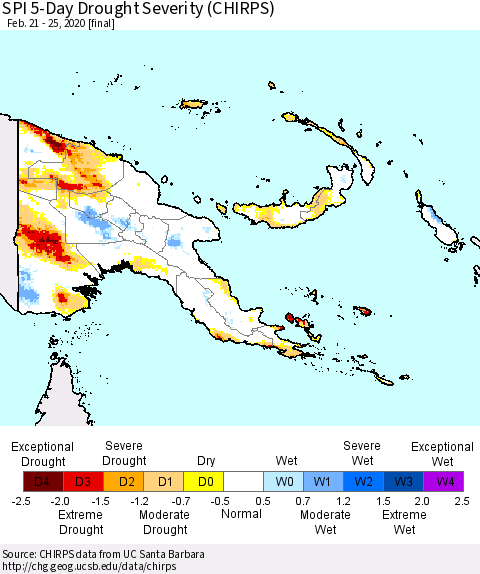 Papua New Guinea SPI 5-Day Drought Severity (CHIRPS) Thematic Map For 2/21/2020 - 2/25/2020