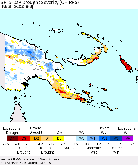 Papua New Guinea SPI 5-Day Drought Severity (CHIRPS) Thematic Map For 2/26/2020 - 2/29/2020