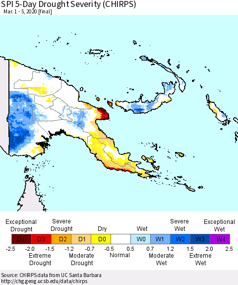 Papua New Guinea SPI 5-Day Drought Severity (CHIRPS) Thematic Map For 3/1/2020 - 3/5/2020
