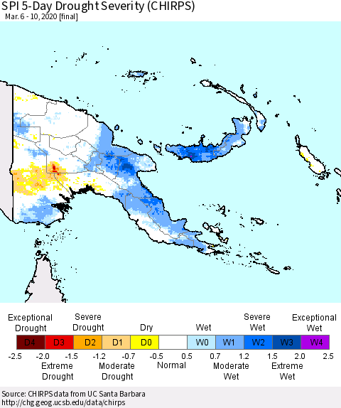 Papua New Guinea SPI 5-Day Drought Severity (CHIRPS) Thematic Map For 3/6/2020 - 3/10/2020