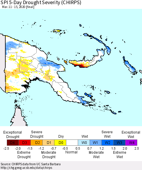 Papua New Guinea SPI 5-Day Drought Severity (CHIRPS) Thematic Map For 3/11/2020 - 3/15/2020