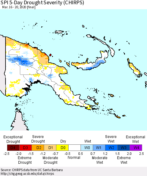 Papua New Guinea SPI 5-Day Drought Severity (CHIRPS) Thematic Map For 3/16/2020 - 3/20/2020