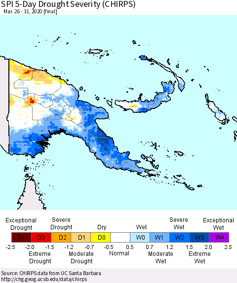Papua New Guinea SPI 5-Day Drought Severity (CHIRPS) Thematic Map For 3/26/2020 - 3/31/2020