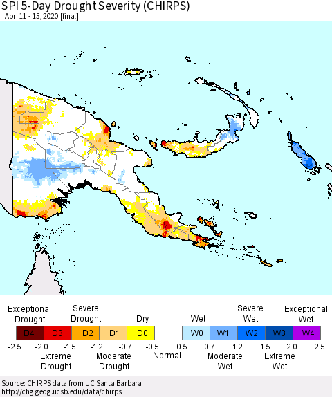 Papua New Guinea SPI 5-Day Drought Severity (CHIRPS) Thematic Map For 4/11/2020 - 4/15/2020