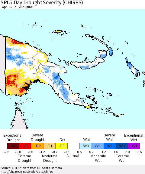 Papua New Guinea SPI 5-Day Drought Severity (CHIRPS) Thematic Map For 4/16/2020 - 4/20/2020