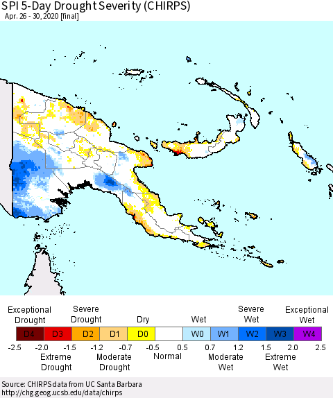 Papua New Guinea SPI 5-Day Drought Severity (CHIRPS) Thematic Map For 4/26/2020 - 4/30/2020