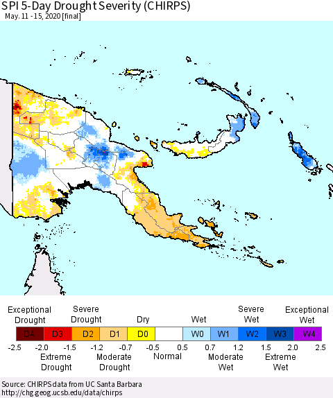 Papua New Guinea SPI 5-Day Drought Severity (CHIRPS) Thematic Map For 5/11/2020 - 5/15/2020