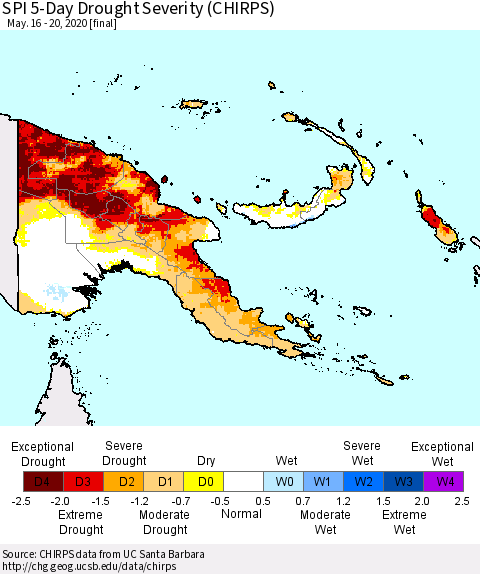 Papua New Guinea SPI 5-Day Drought Severity (CHIRPS) Thematic Map For 5/16/2020 - 5/20/2020