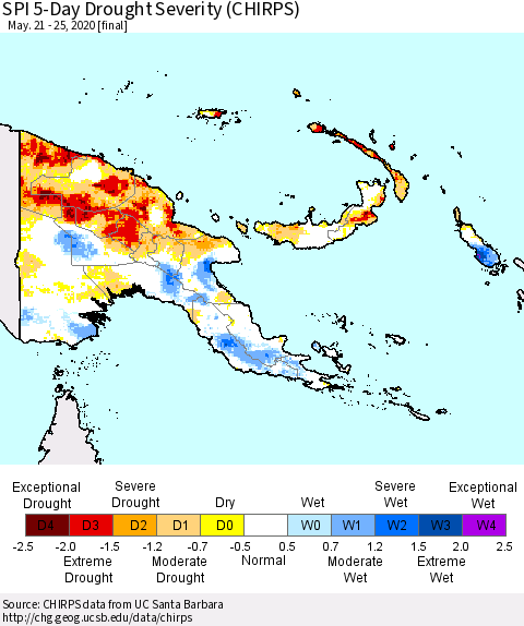 Papua New Guinea SPI 5-Day Drought Severity (CHIRPS) Thematic Map For 5/21/2020 - 5/25/2020