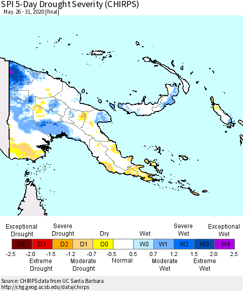 Papua New Guinea SPI 5-Day Drought Severity (CHIRPS) Thematic Map For 5/26/2020 - 5/31/2020