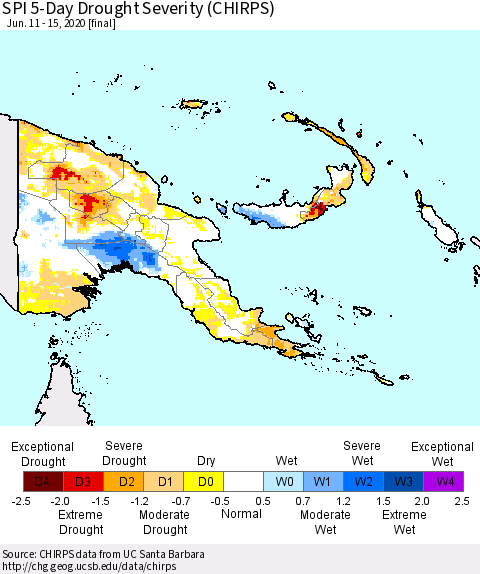 Papua New Guinea SPI 5-Day Drought Severity (CHIRPS) Thematic Map For 6/11/2020 - 6/15/2020