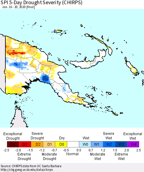 Papua New Guinea SPI 5-Day Drought Severity (CHIRPS) Thematic Map For 6/16/2020 - 6/20/2020