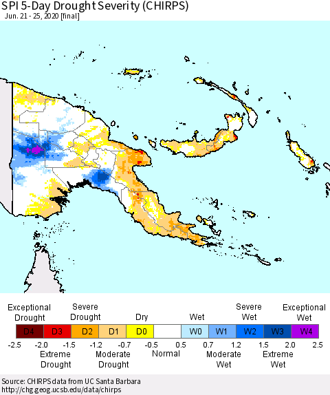 Papua New Guinea SPI 5-Day Drought Severity (CHIRPS) Thematic Map For 6/21/2020 - 6/25/2020