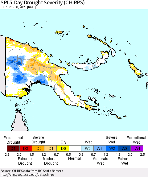 Papua New Guinea SPI 5-Day Drought Severity (CHIRPS) Thematic Map For 6/26/2020 - 6/30/2020