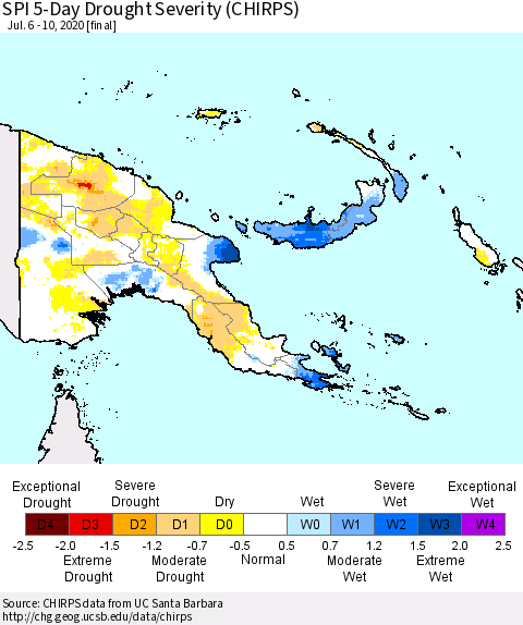 Papua New Guinea SPI 5-Day Drought Severity (CHIRPS) Thematic Map For 7/6/2020 - 7/10/2020